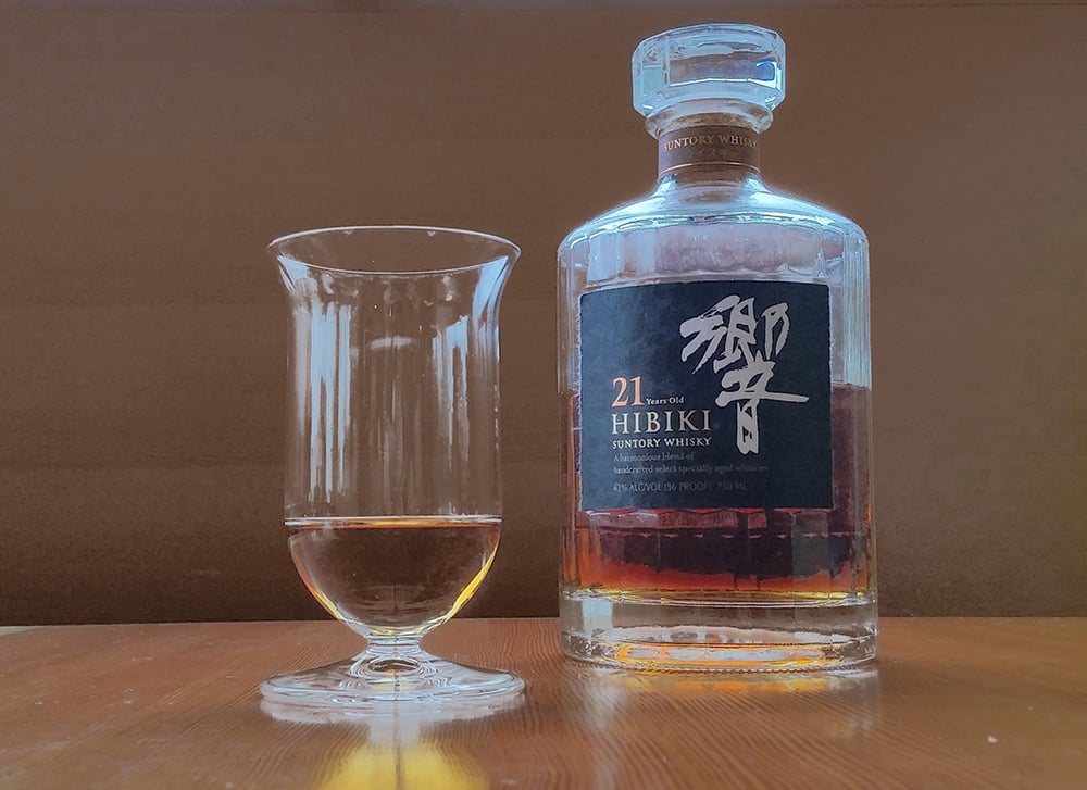 a Riedel glass and a blended Japanese whiskey from Hibiki