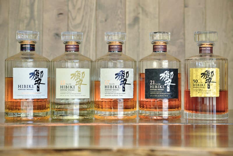 Five bottles of Hibiki whisky in an izakay.