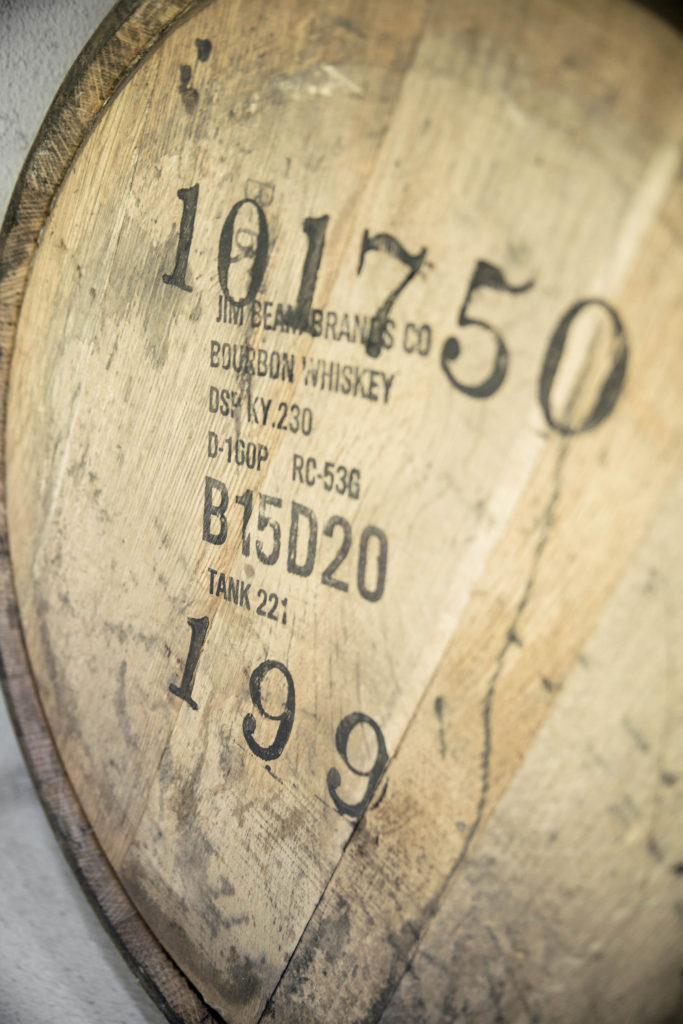 a closeup of a barrel of Jim Beam whiskey