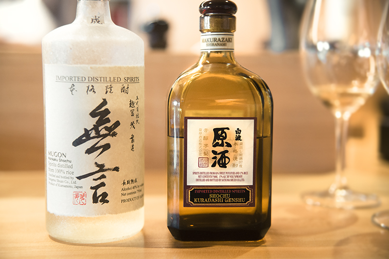two bottles of shochu at a tasting