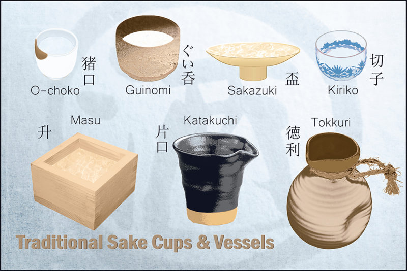 an illustration of traditional sake cups and glasses