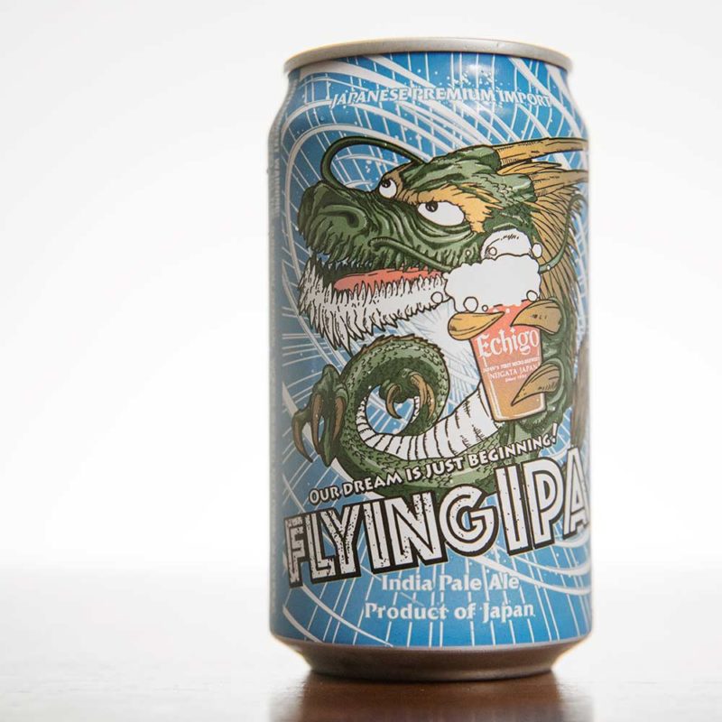 A closeup of an Echigo beer can.