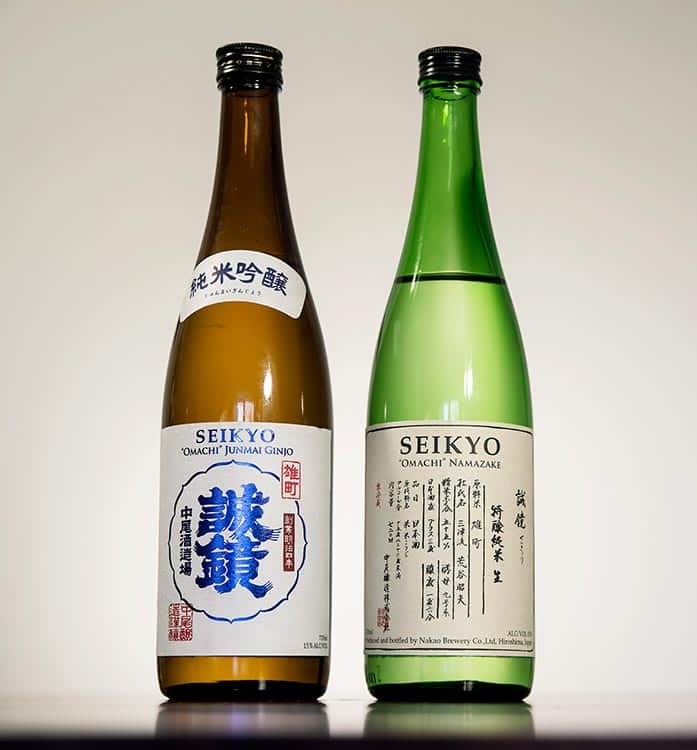 two bottles of Hiroshima sake made with Omachi sake rice