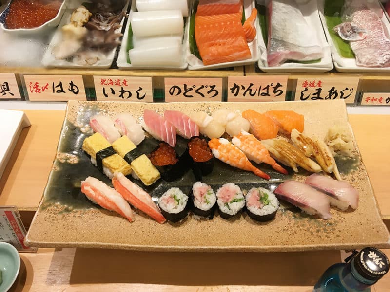 nigiri and maki sushi on a platter