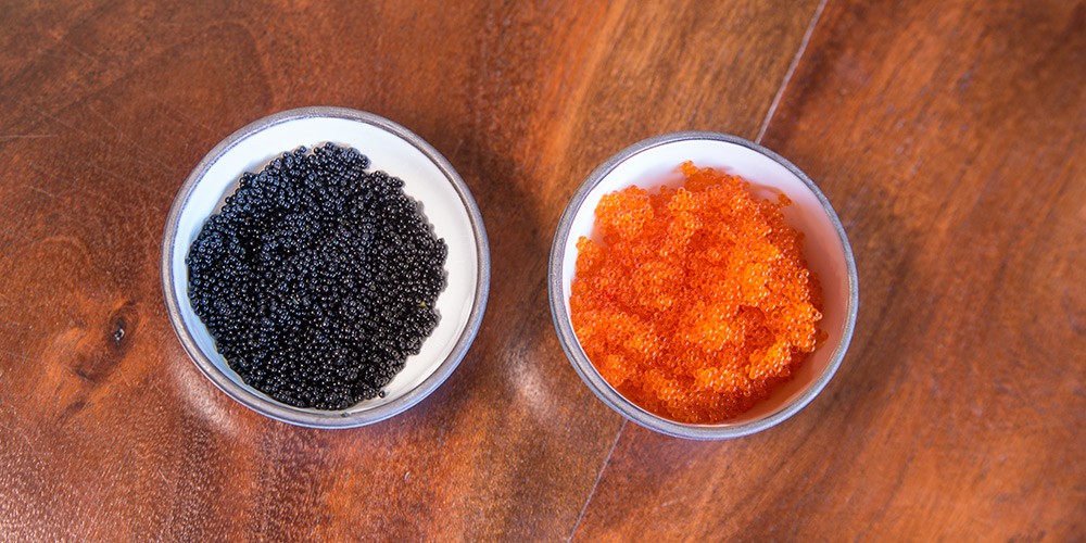 black and orange-colored flying fish roe
