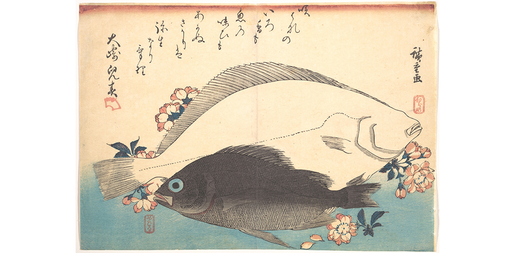 a woodblock print of hirame and mebaru