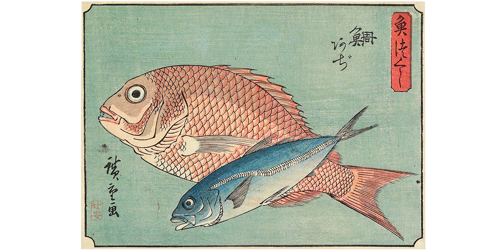 a woodblock of red seabream and horse mackerel