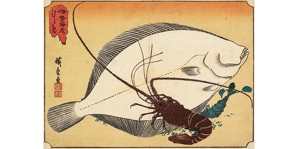 woodblock of spiny lobster and flounder