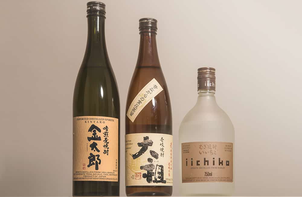 three bottles of mugi shochu