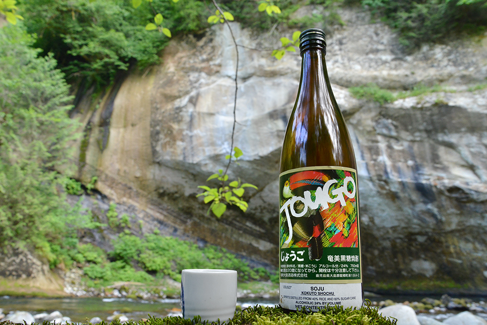 a bottle of kokuto shochu in a forest canyon