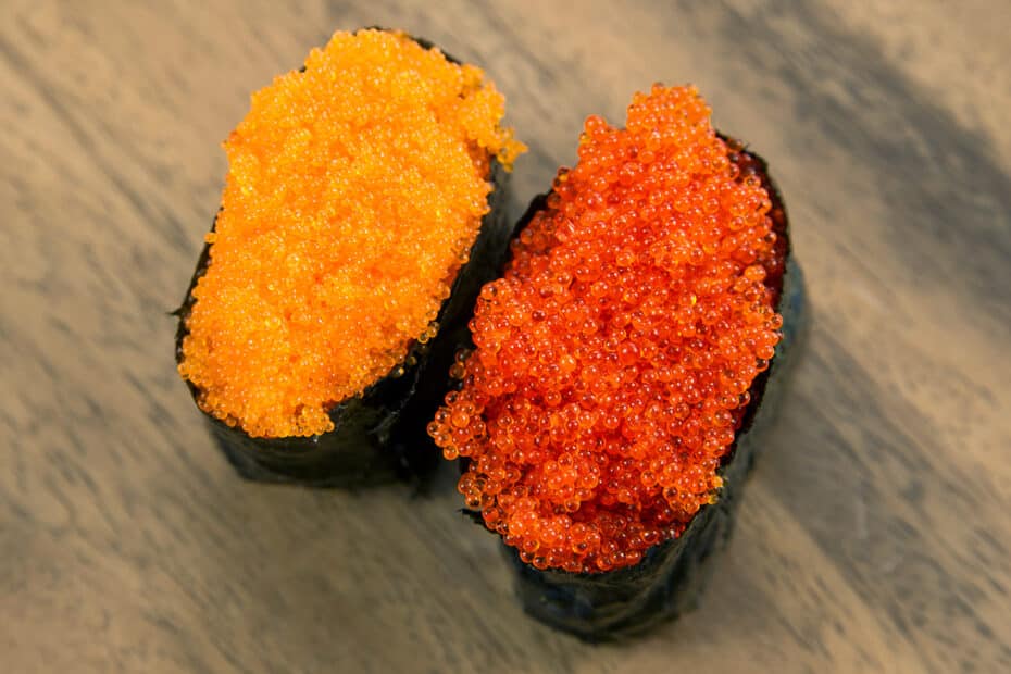 two pieces of fish roe sushi