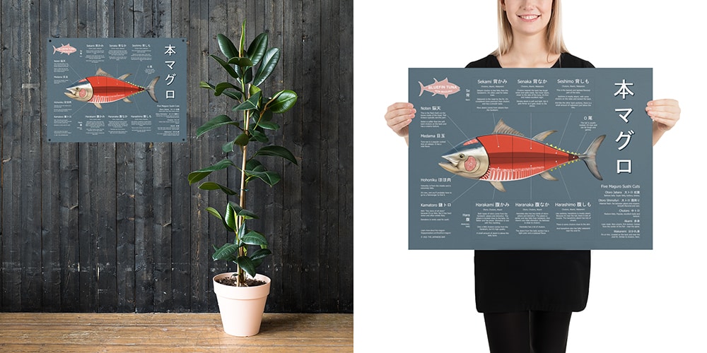 a woman holds a maguro sushi poster
