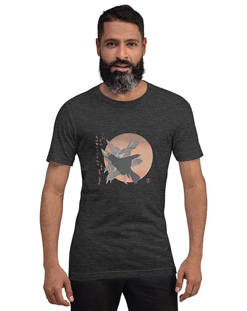 a man wears a shirt with three crows and the rising sun