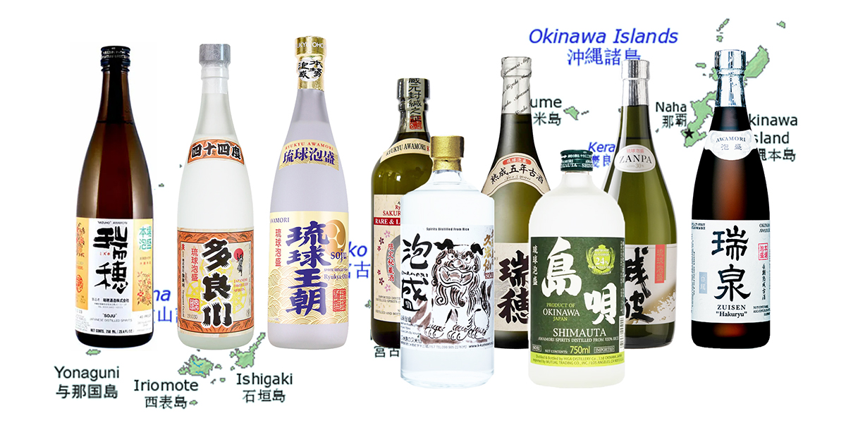 bottles of Ryukyu Awamori over a map of Okinawa