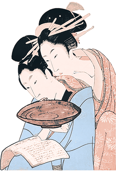 ukiyo-e art of a man and woman in colorful dress sipping sake from huge sakazuki reading The Japanese Bar newsletter